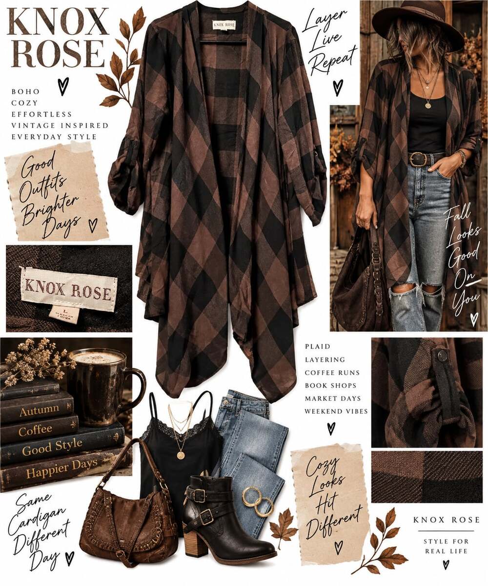 Knox Rose Plaid Waterfall Cardigan Size L Brown Black Open Front